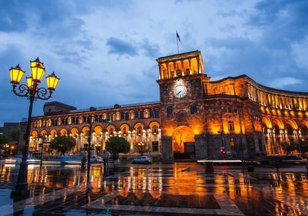Republic Square in Yerevan illuminated at night